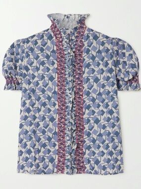 Blue Geometric Ruffle Collar Blouse